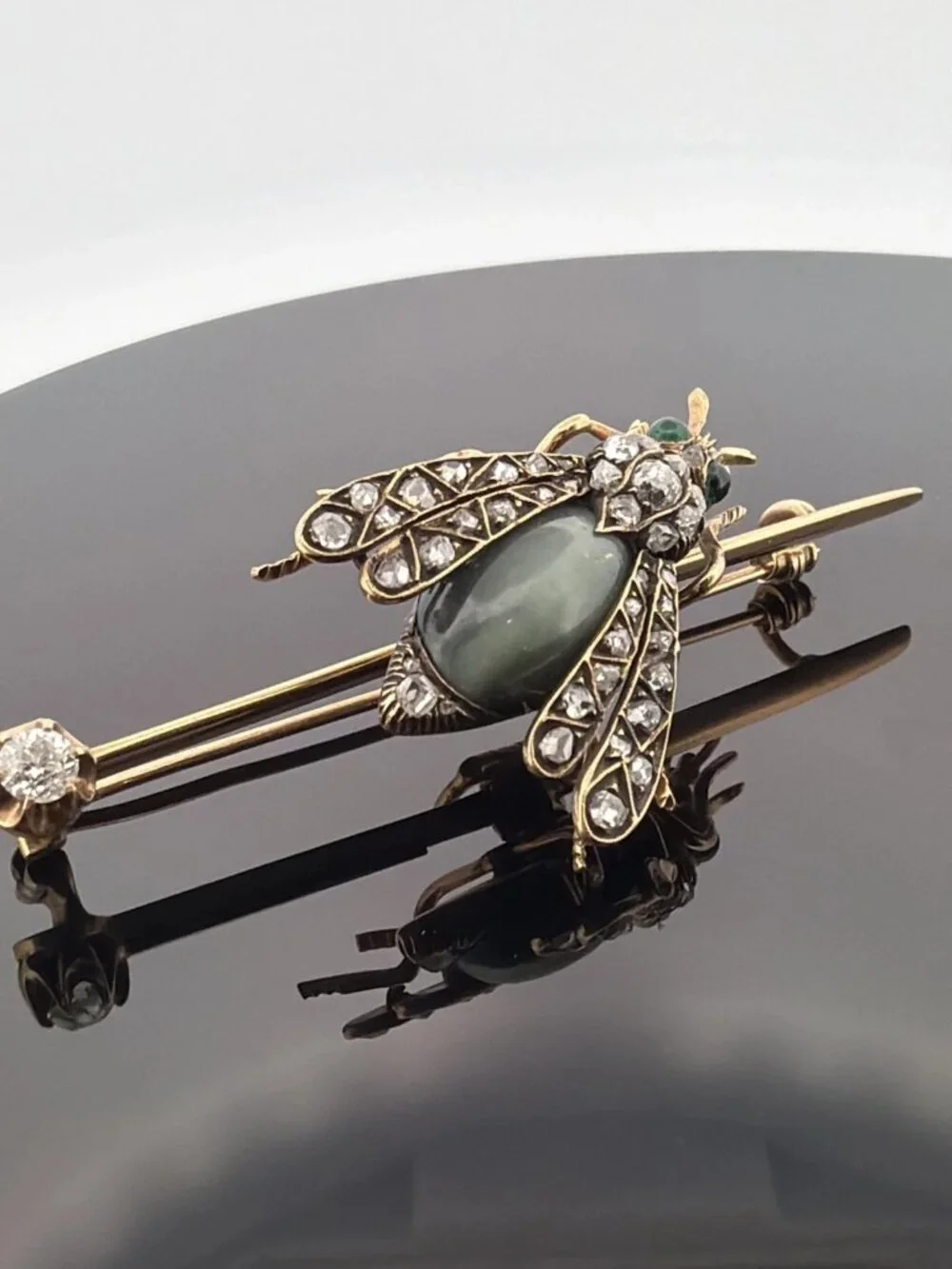 Antique Victorian Bee Brooch 14K Gold & Silver Diamond Emerald Cats Eye Quartz - Picture 2 of 13